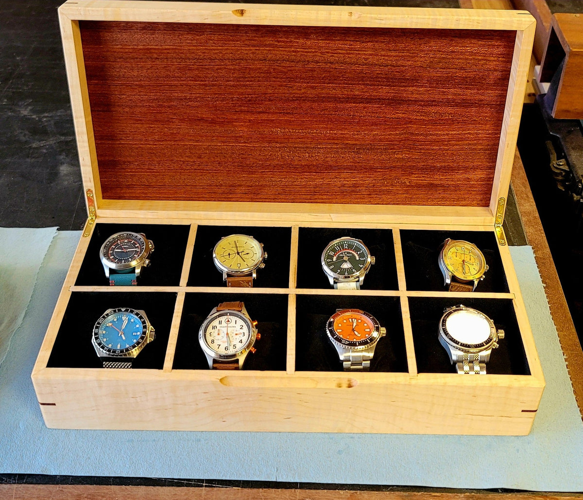 Watch Box |  Curly Maple and Sapele Mahogany | 8 Watch Compartments-21