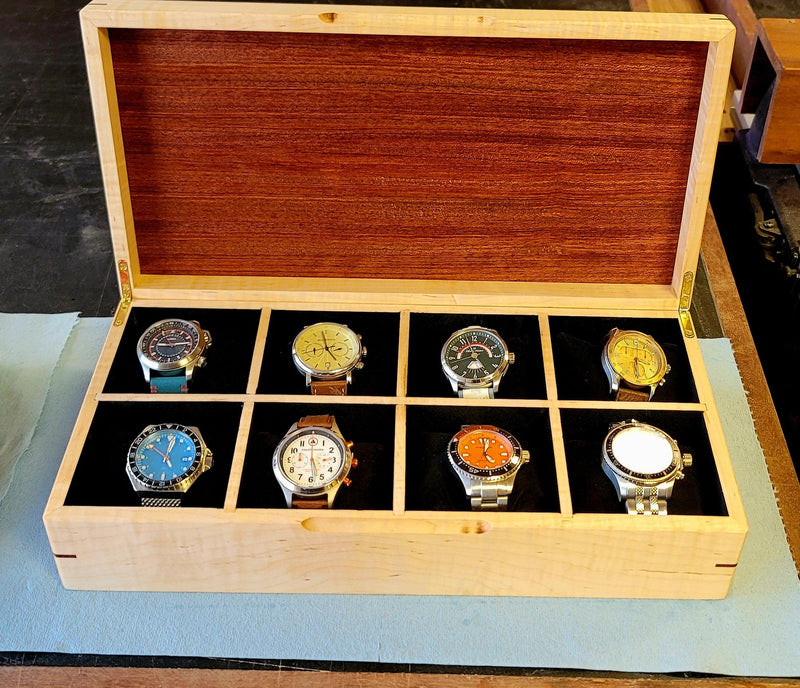 Watch Box |  Curly Maple and Sapele Mahogany | 8 Watch Compartments-zoom-