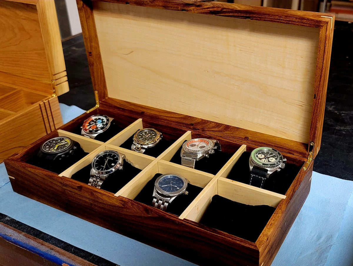 Watch Box |  Desert Mesquite and Curly Maple |  8 Watch Compartments-18
