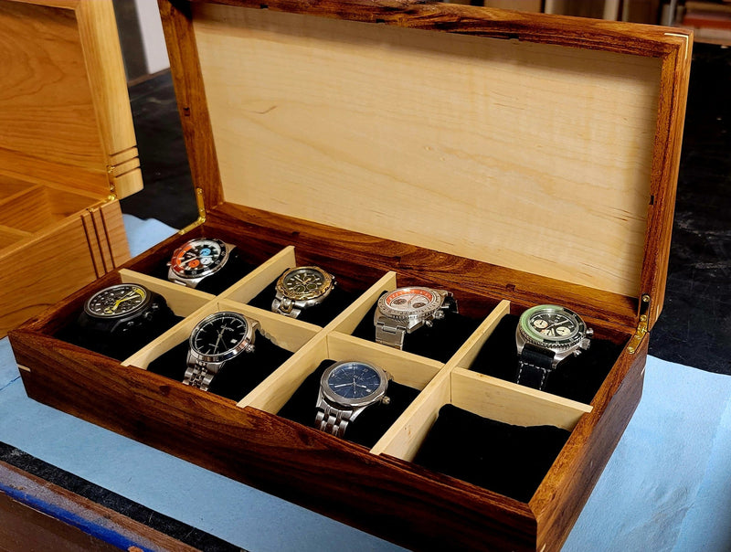 Watch Box |  Desert Mesquite and Curly Maple |  8 Watch Compartments-zoom-