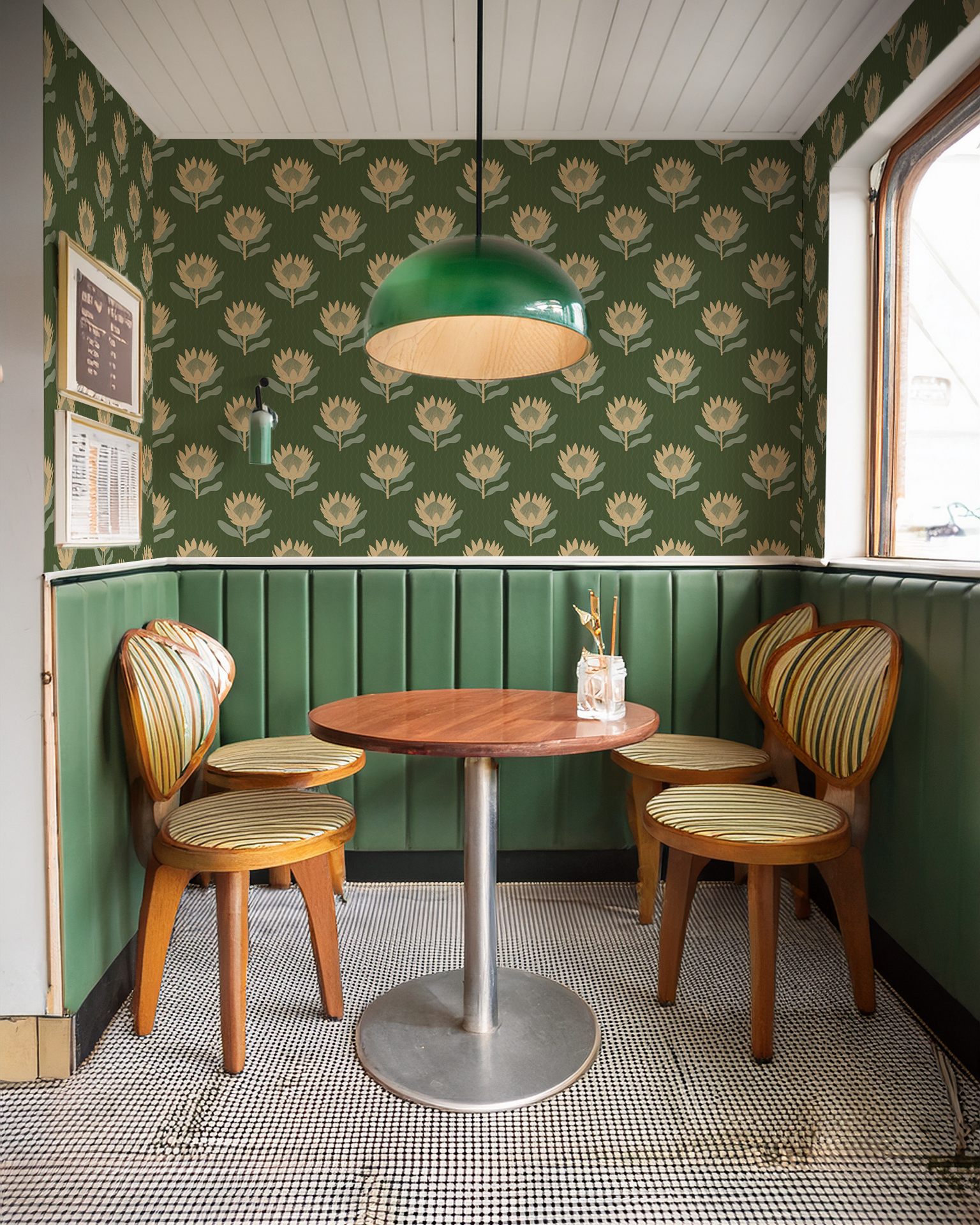 King Protea Wallpaper, forest green and butter yellow-zoom-4