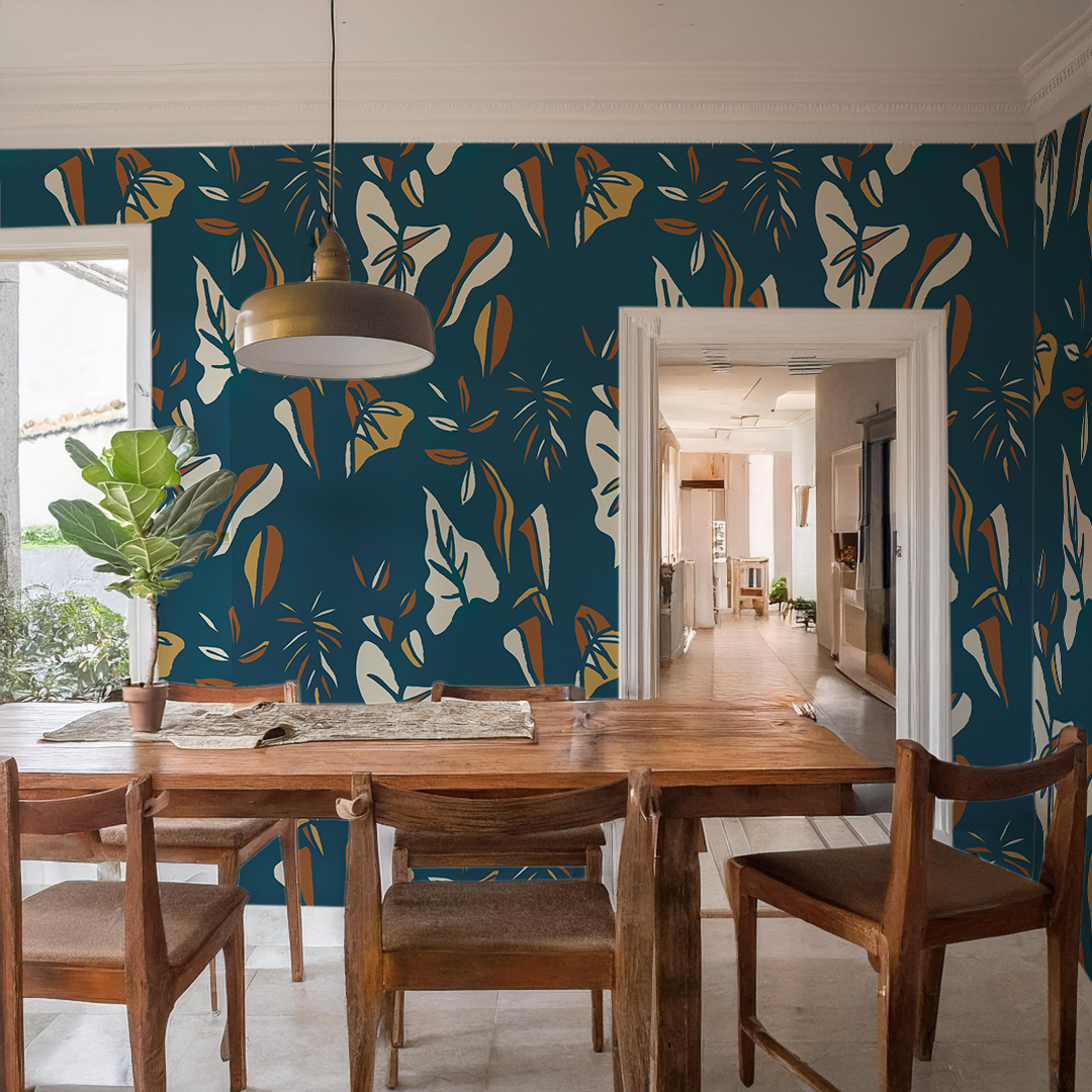 Block Print Foliage Wallpaper, blue-zoom-3