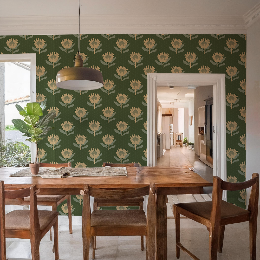 King Protea Wallpaper, forest green and butter yellow-zoom-7