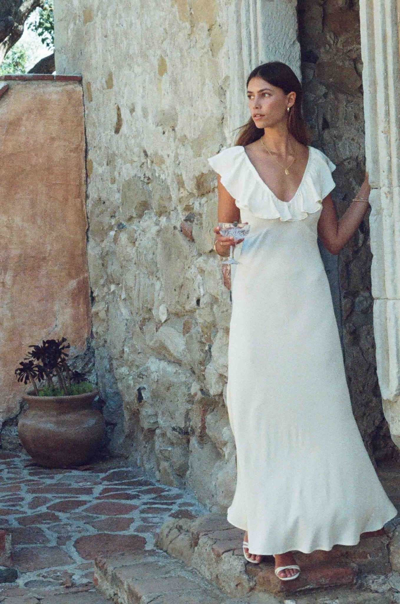 Florence Dress | Ivory Silk Dress with Neckline Lace Trim