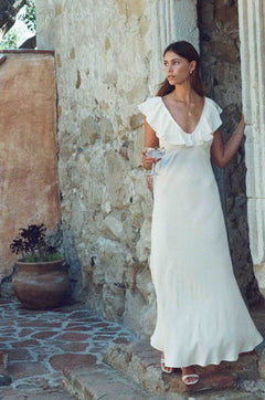 Florence Dress | Ivory Silk Dress with Neckline Lace Trim - Aware House
