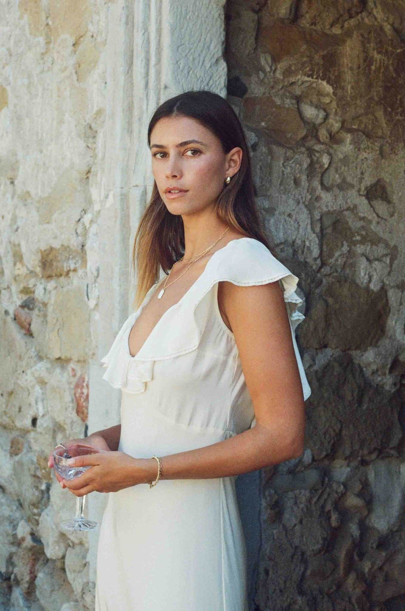 Florence Dress | Ivory Silk Dress with Neckline Lace Trim - Aware House
