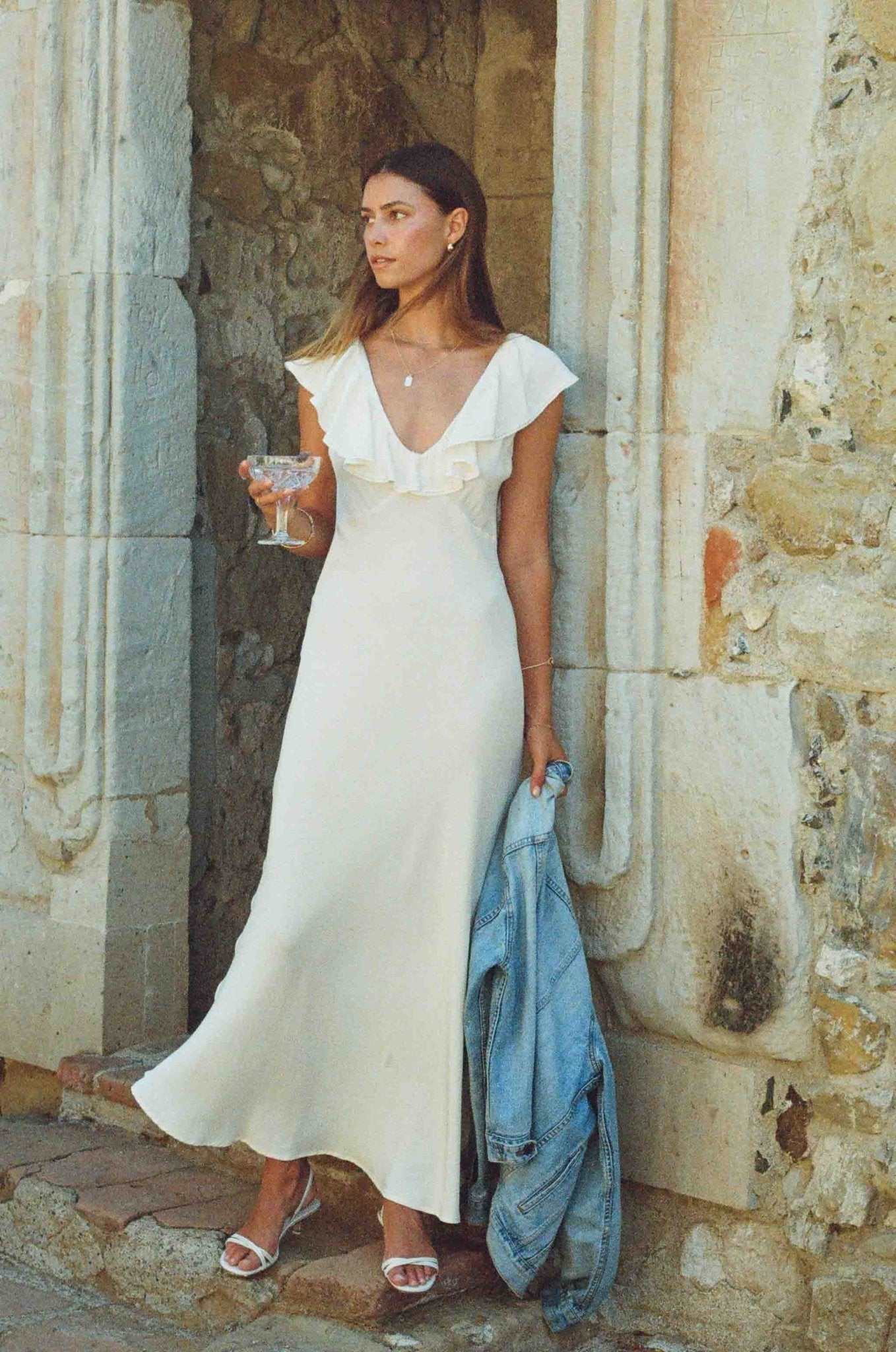 Florence Dress | Ivory Silk Dress with Neckline Lace Trim