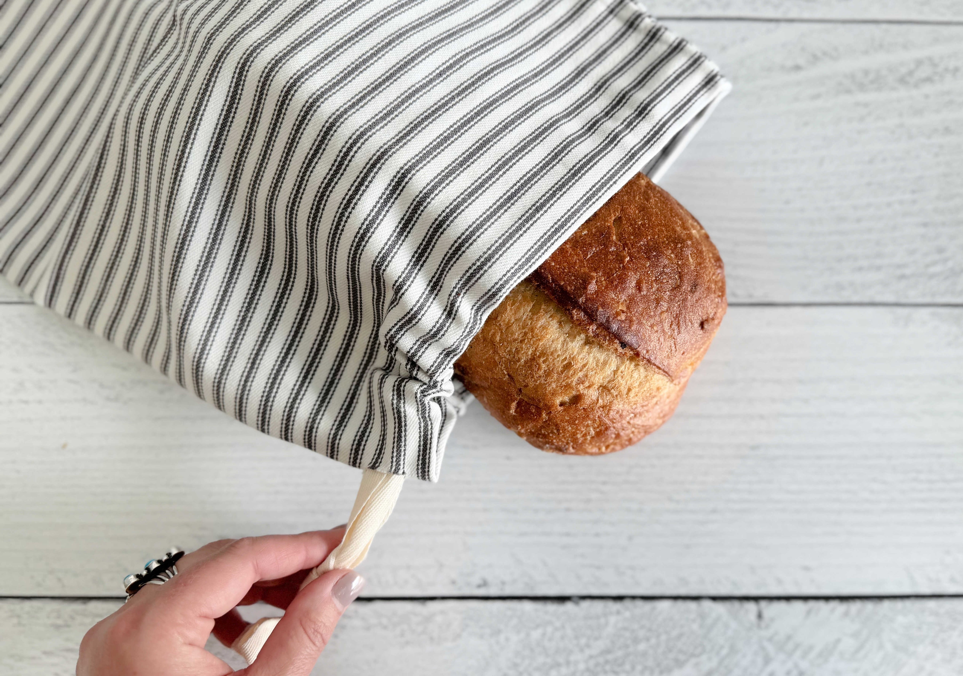 Grey Ticking Stripe Bread Bags | Set of Two-zoom-1