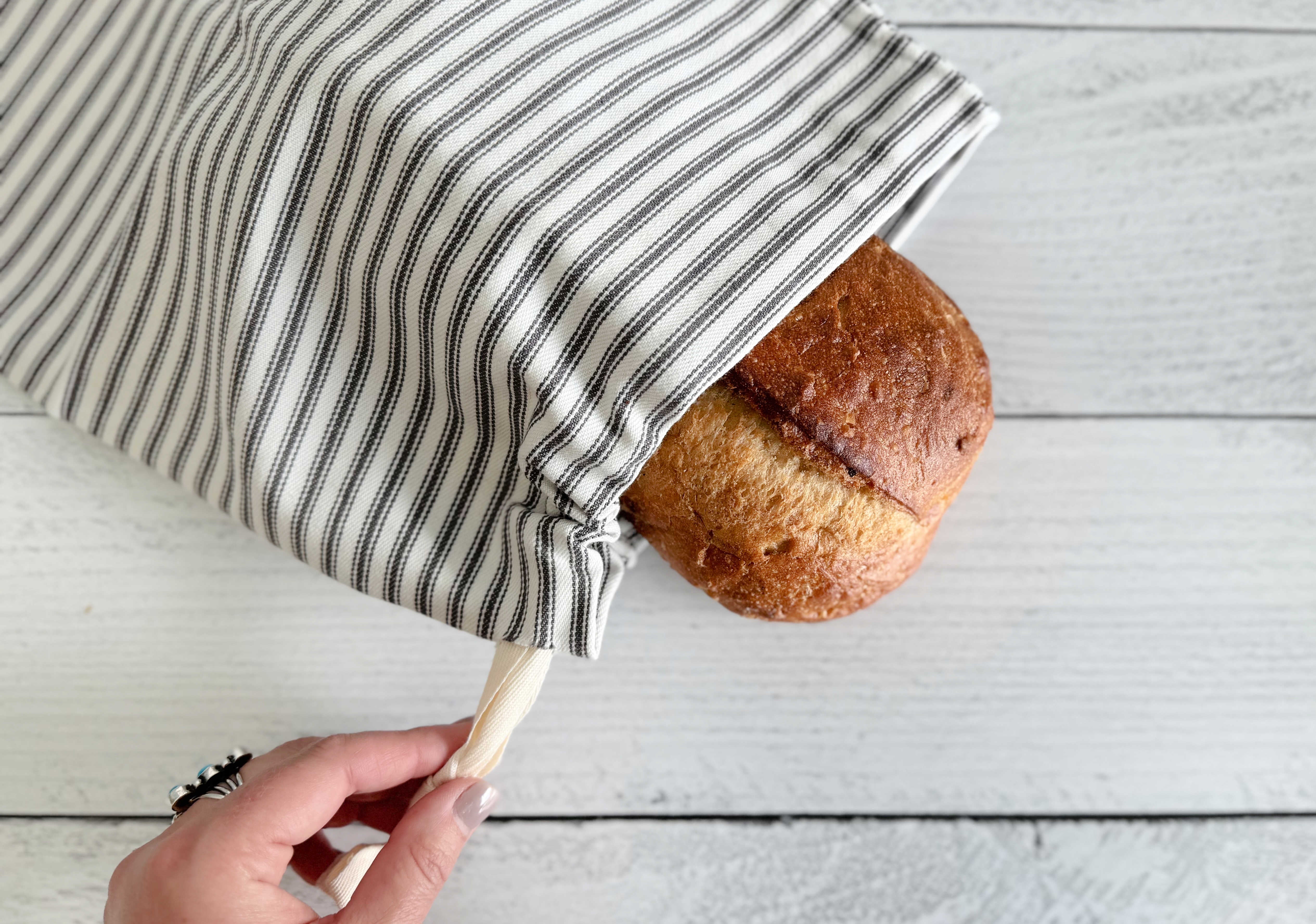 Grey Ticking Stripe Bread Bags | Set of Two