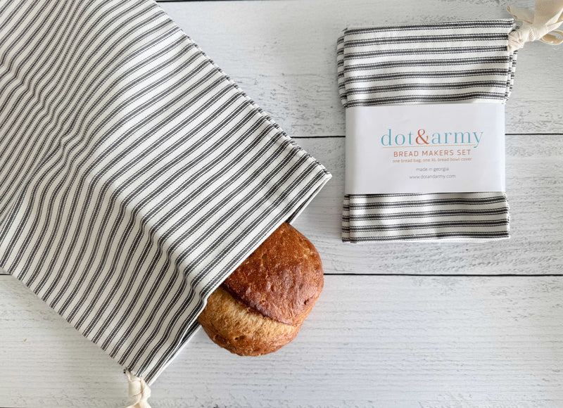 Grey Ticking Stripe Bread Bags | Set of Two-zoom-