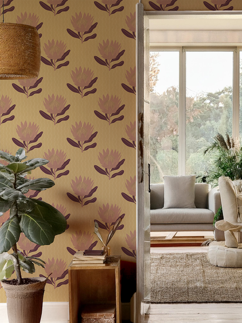King Protea Wallpaper, butter yellow and mauve-12