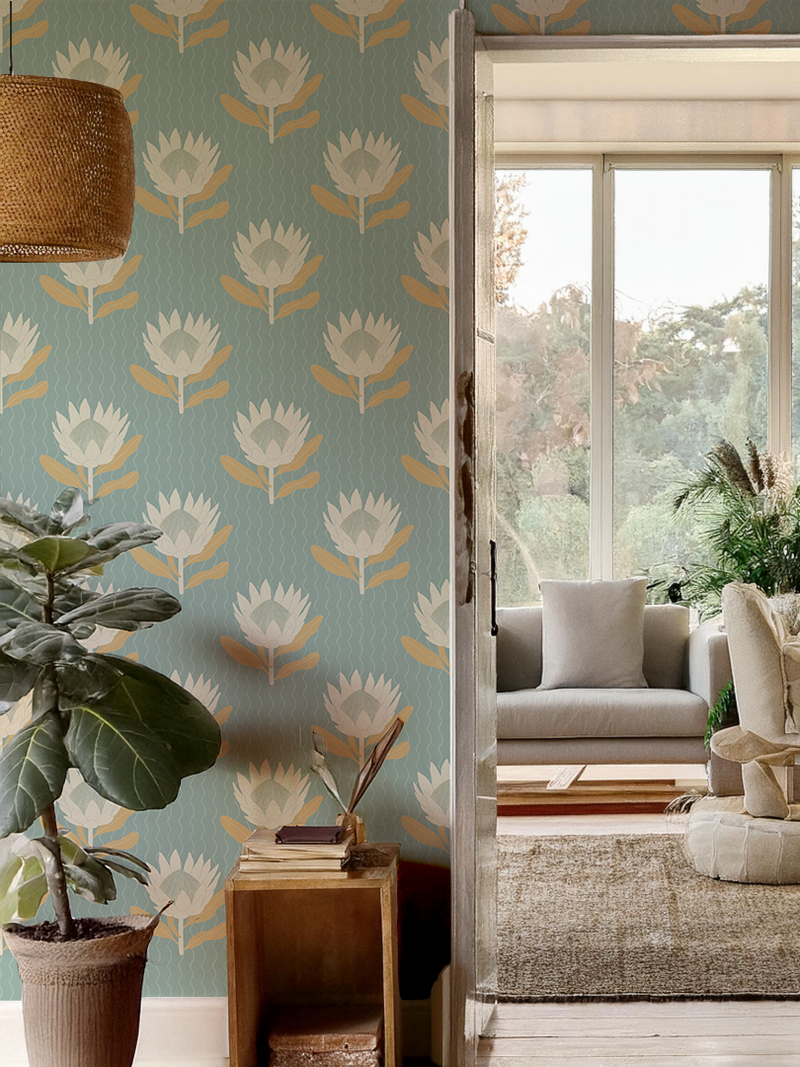 King Protea Wallpaper, Light Blue and Apricot-zoom-