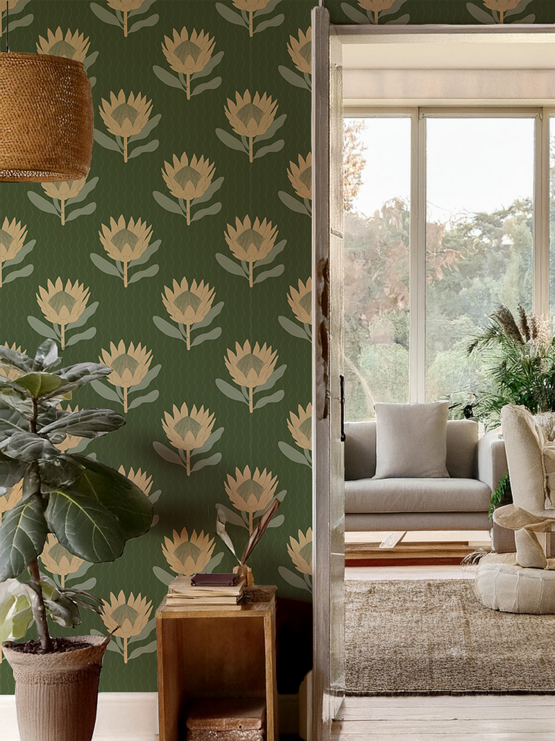 King Protea Wallpaper, forest green and butter yellow-zoom-