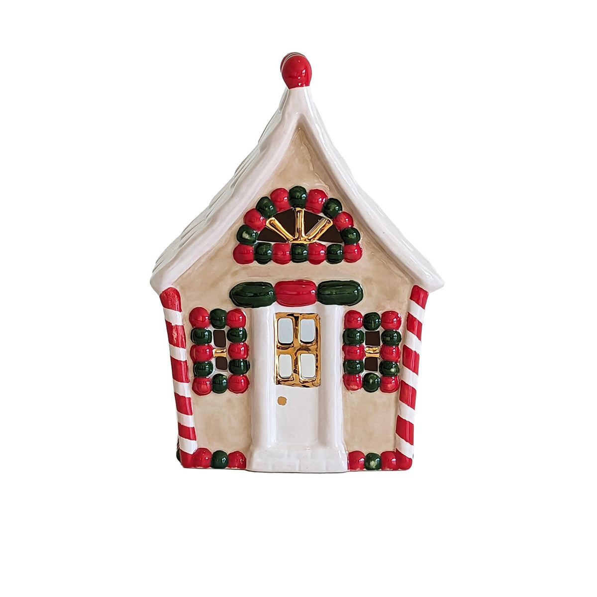 Ivory, Red & Green Gingerbread House with 22K Gold Accents-zoom-1