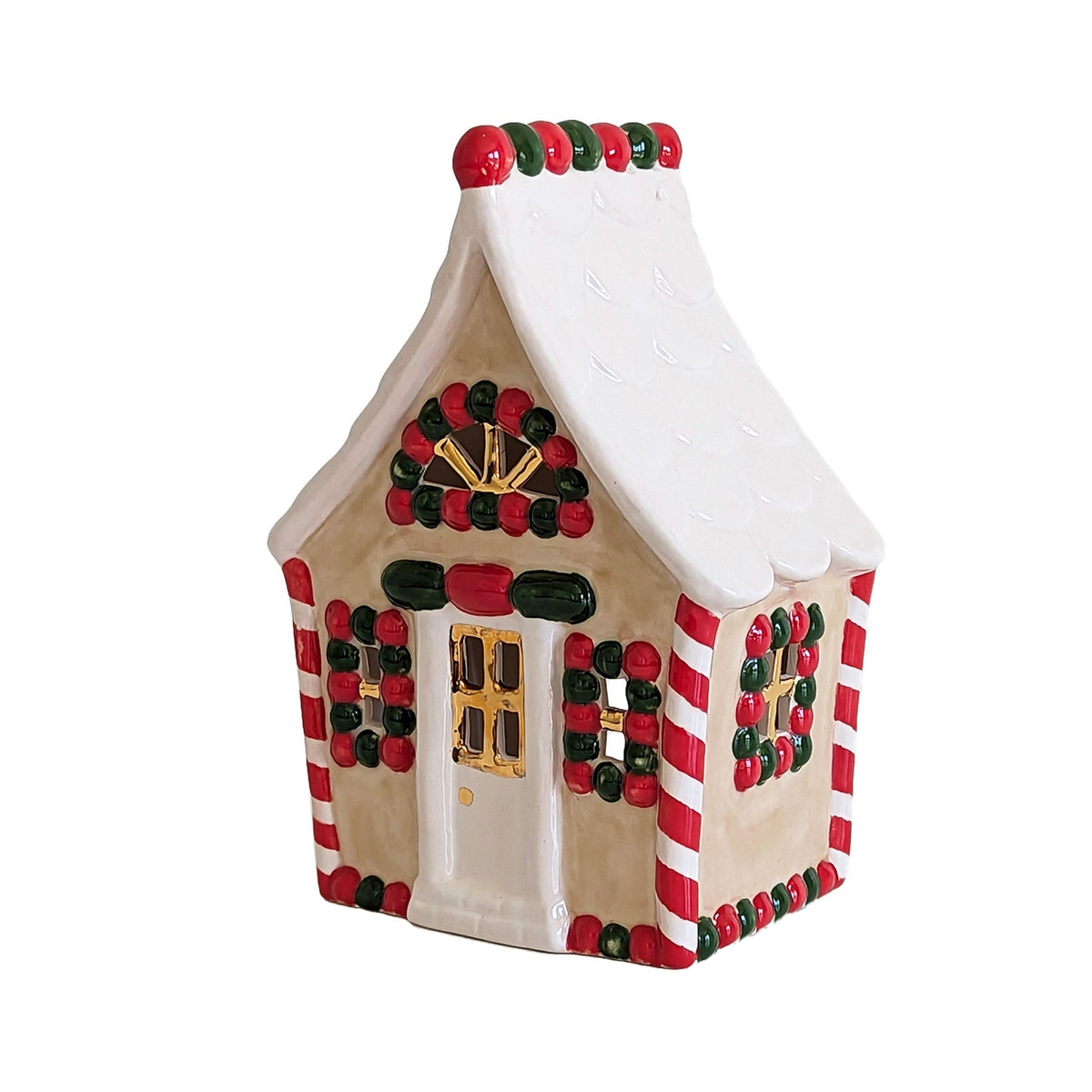 Ivory, Red & Green Gingerbread House with 22K Gold Accents-zoom-2