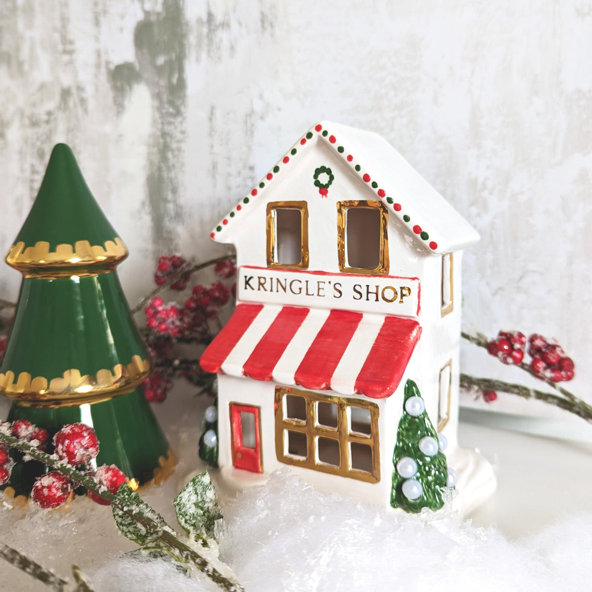Ivory, Red & Green Gingerbread House with 22K Gold Accents-3