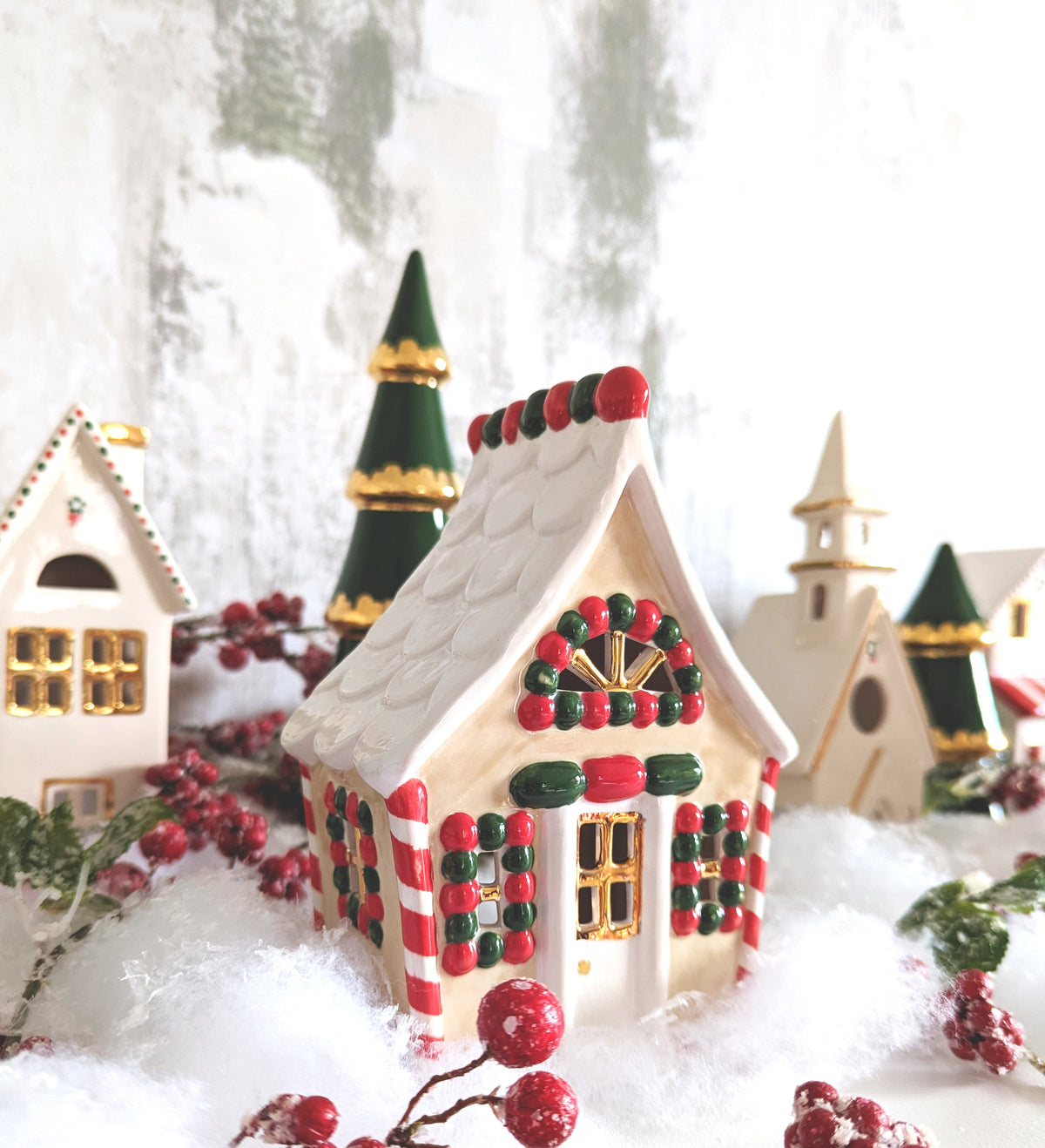 Ivory, Red & Green Gingerbread House with 22K Gold Accents-4
