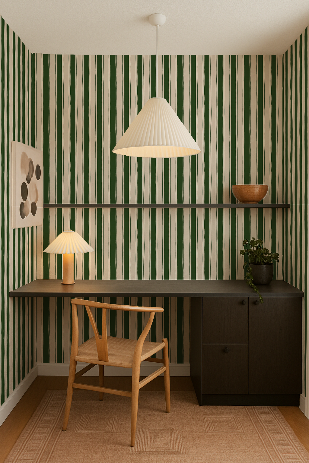 Riviera Stripe Wallpaper, off-white and dark green-zoom-4
