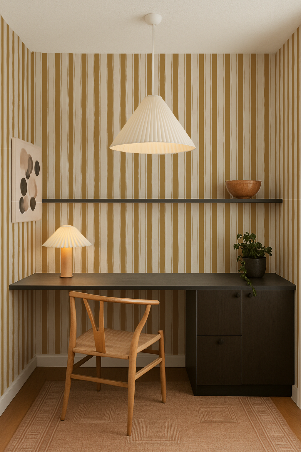 Riviera Stripe Wallpaper, off-white and mustard yellow-1