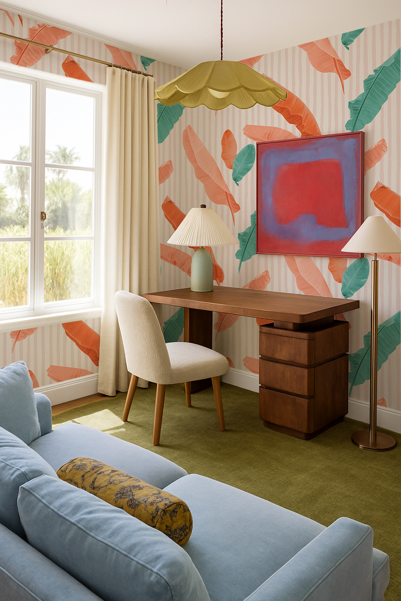 Banana Cabana Wallpaper, coral and teal-zoom-