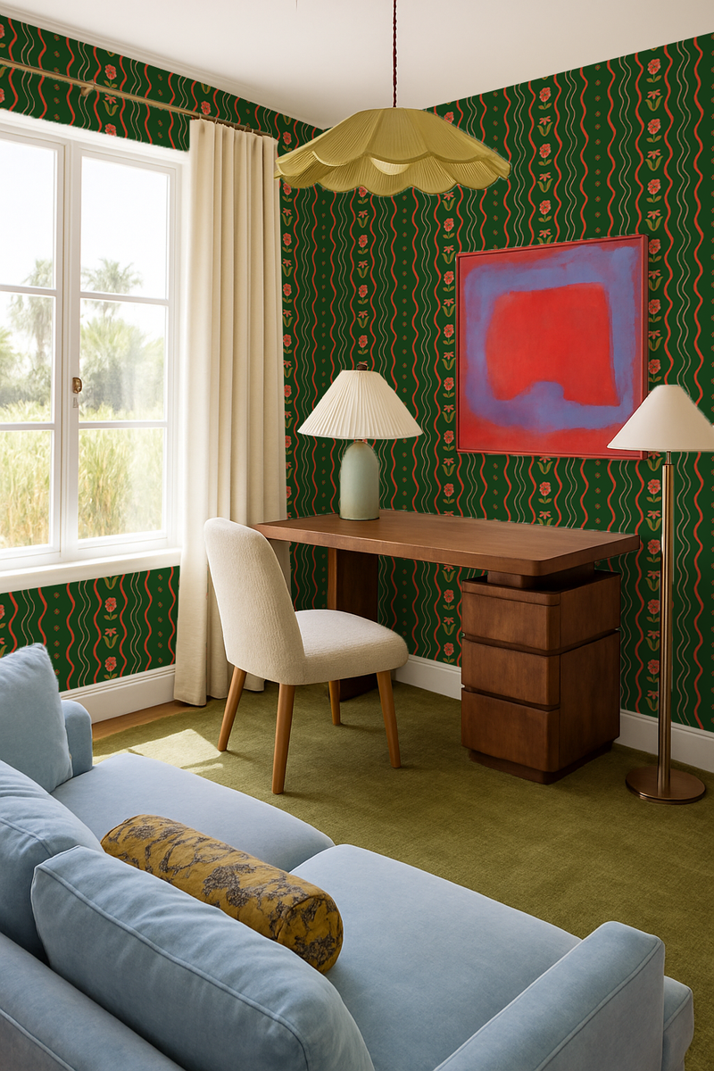Posy Lane Stripe Wallpaper, dark green and poppy red-zoom-