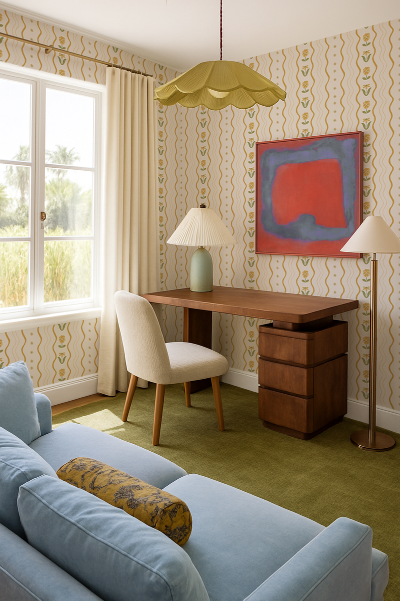 Posy Lane Stripe Wallpaper, beige and yellow-zoom-