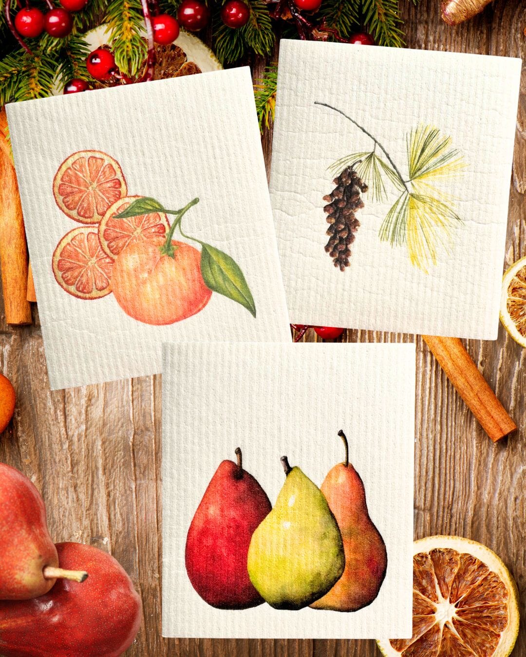 Pears, Tangerine, and Pinecone | Bundle of 3 Swedish Dishcloths-zoom-1
