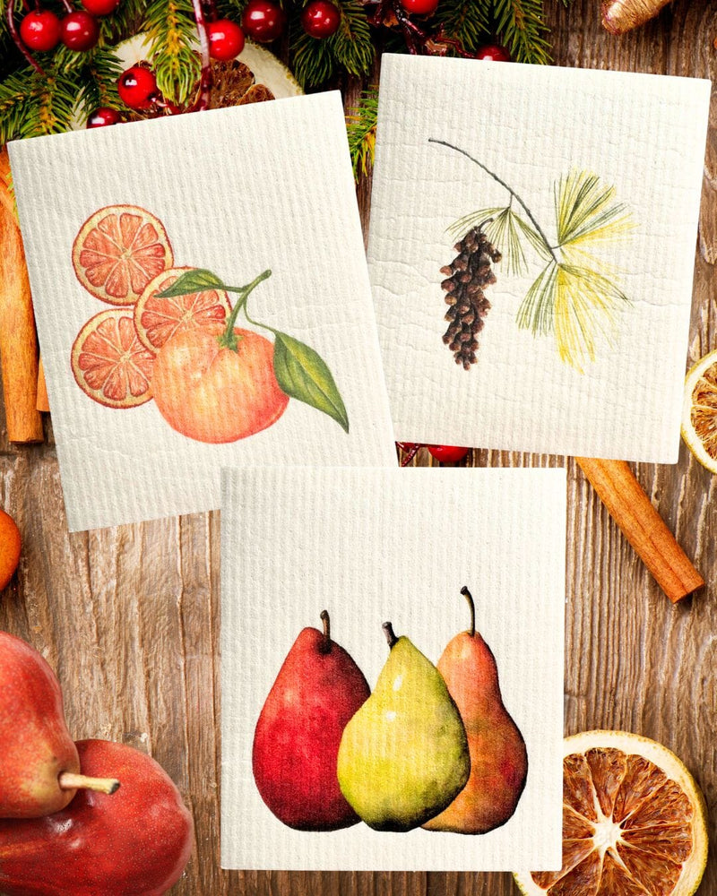 Pears, Tangerine, and Pinecone | Bundle of 3 Swedish Dishcloths-zoom-