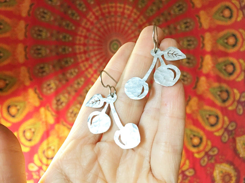 Handmade Metal Cherry Earrings | Fruit Dangle Jewelry-zoom-