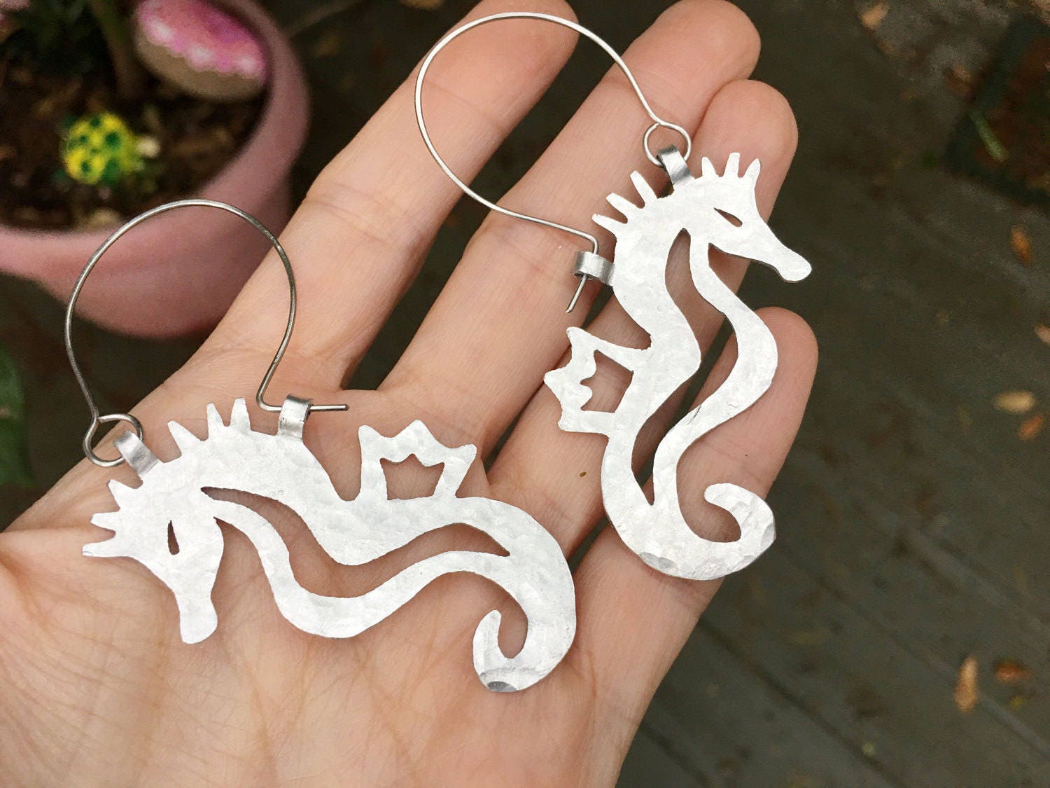 Seahorse Hoop Earrings | Hammered Metal Ocean Design - Aware House