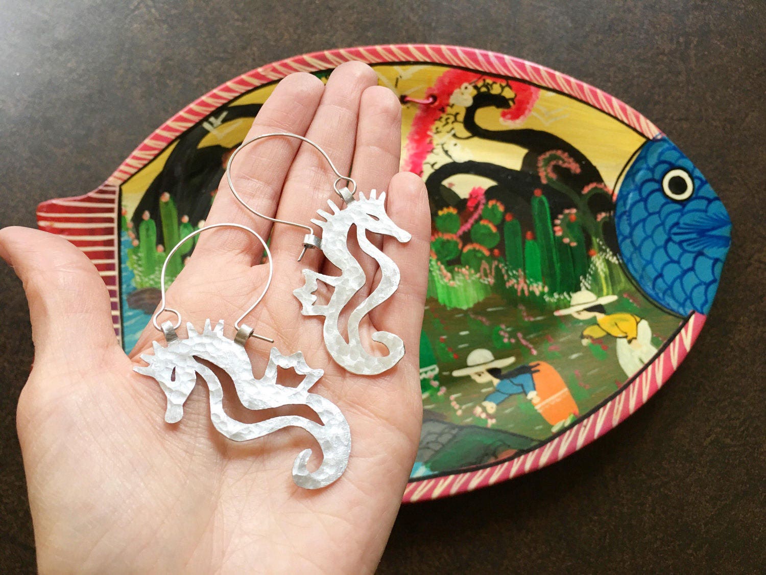 Seahorse Hoop Earrings | Hammered Metal Ocean Design - Aware House