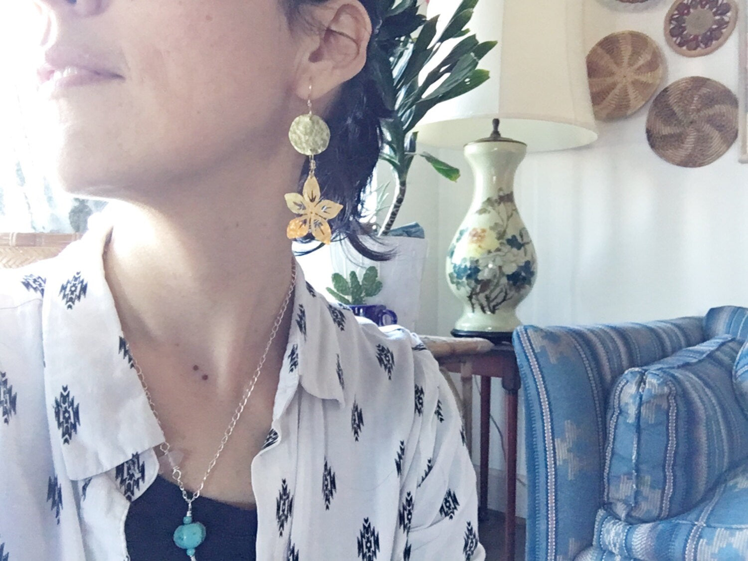 Handmade Metal Flower Earrings | Hammered Brass Dangles-zoom-4