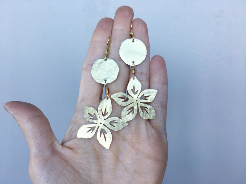 Handmade Metal Flower Earrings | Hammered Brass Dangles-zoom-