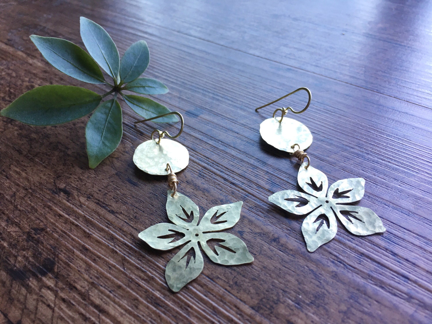 Handmade Metal Flower Earrings | Hammered Brass Dangles-5
