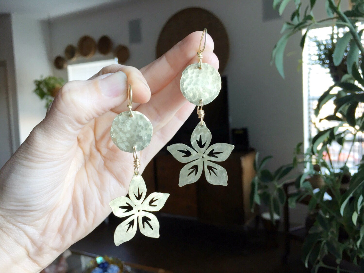Handmade Metal Flower Earrings | Hammered Brass Dangles-zoom-1