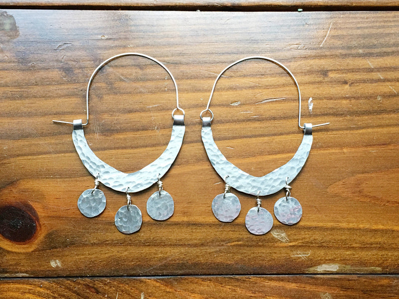 Rustic Hammered Coin Hoop Earrings-zoom-