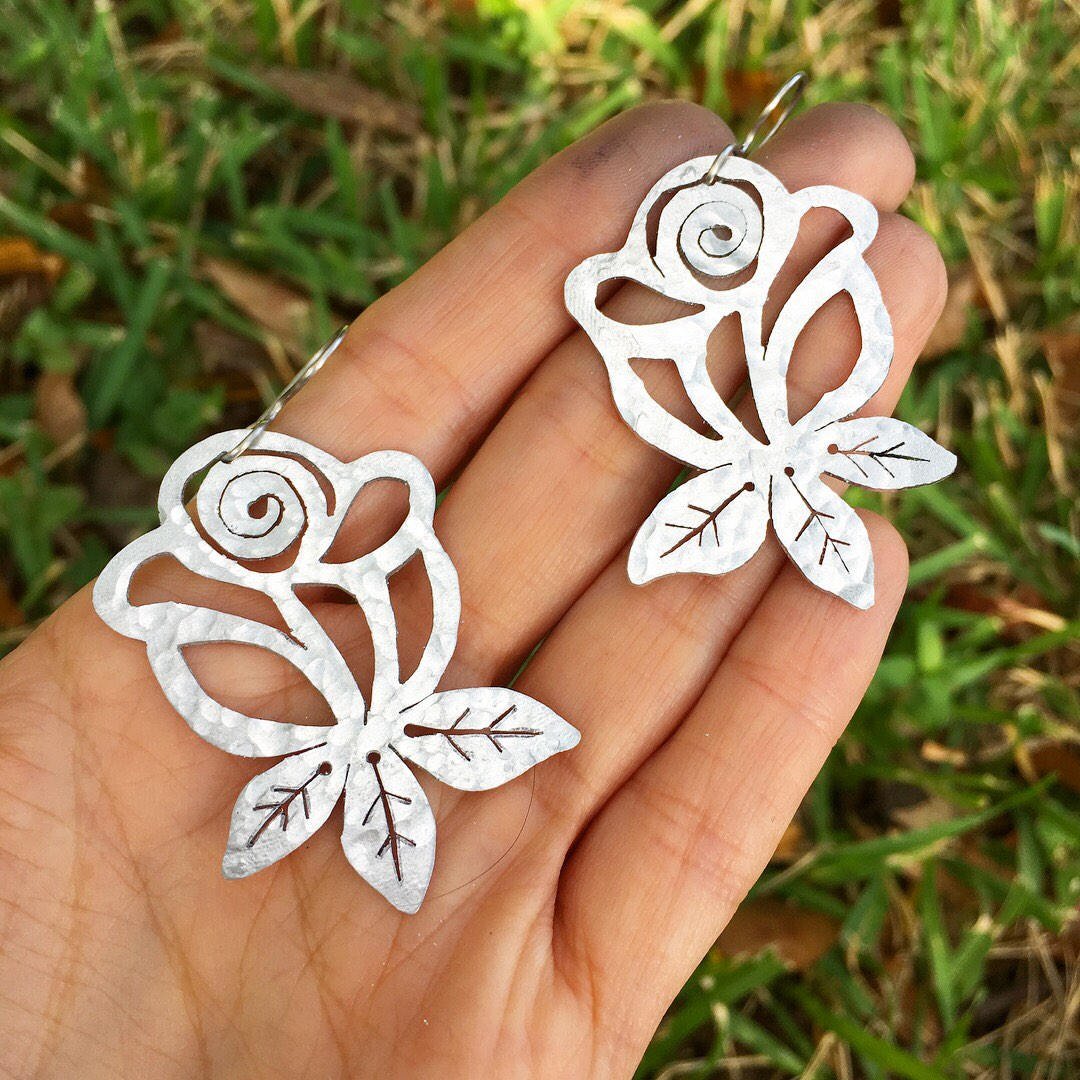 Metal Rose Earrings | Hand Cut Folk Art Jewelry - Aware House