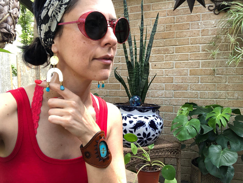 Turquoise & Brass Arc Earrings-zoom-