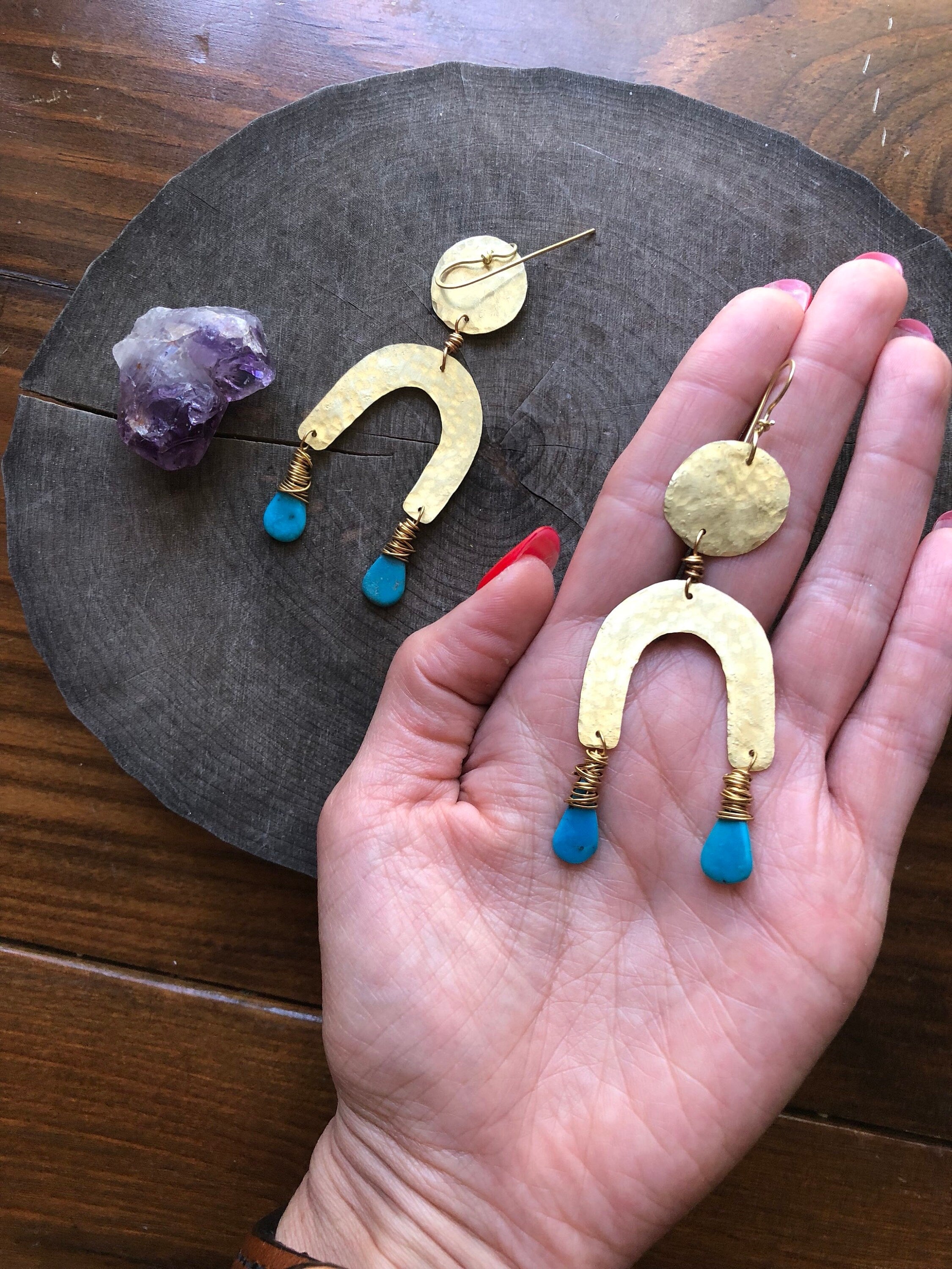 Turquoise & Brass Arc Earrings-zoom-3