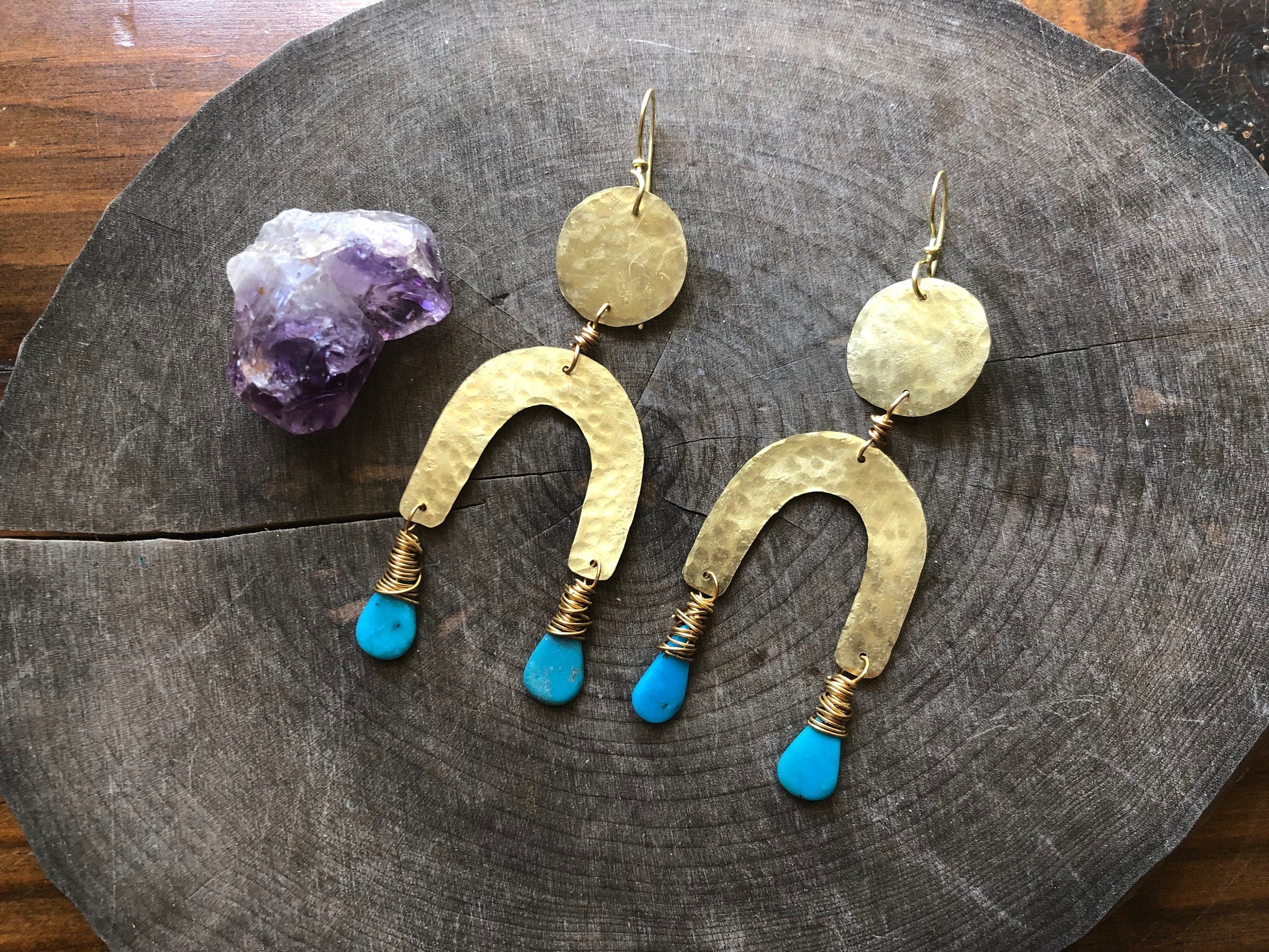 Turquoise & Brass Arc Earrings-zoom-4