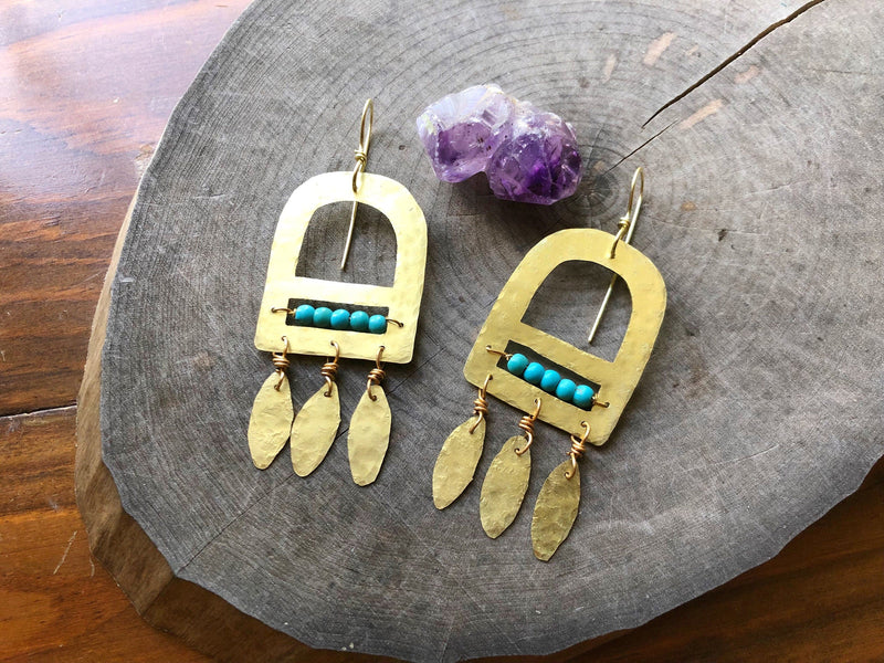 Turquoise & Brass Fringe Earrings-zoom-