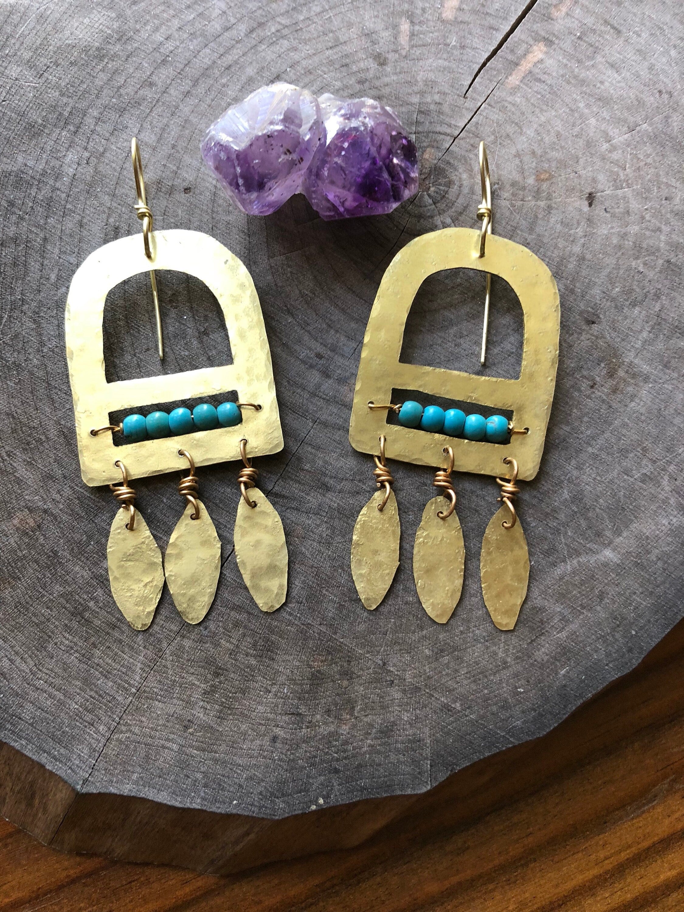 Turquoise & Brass Fringe Earrings-zoom-3