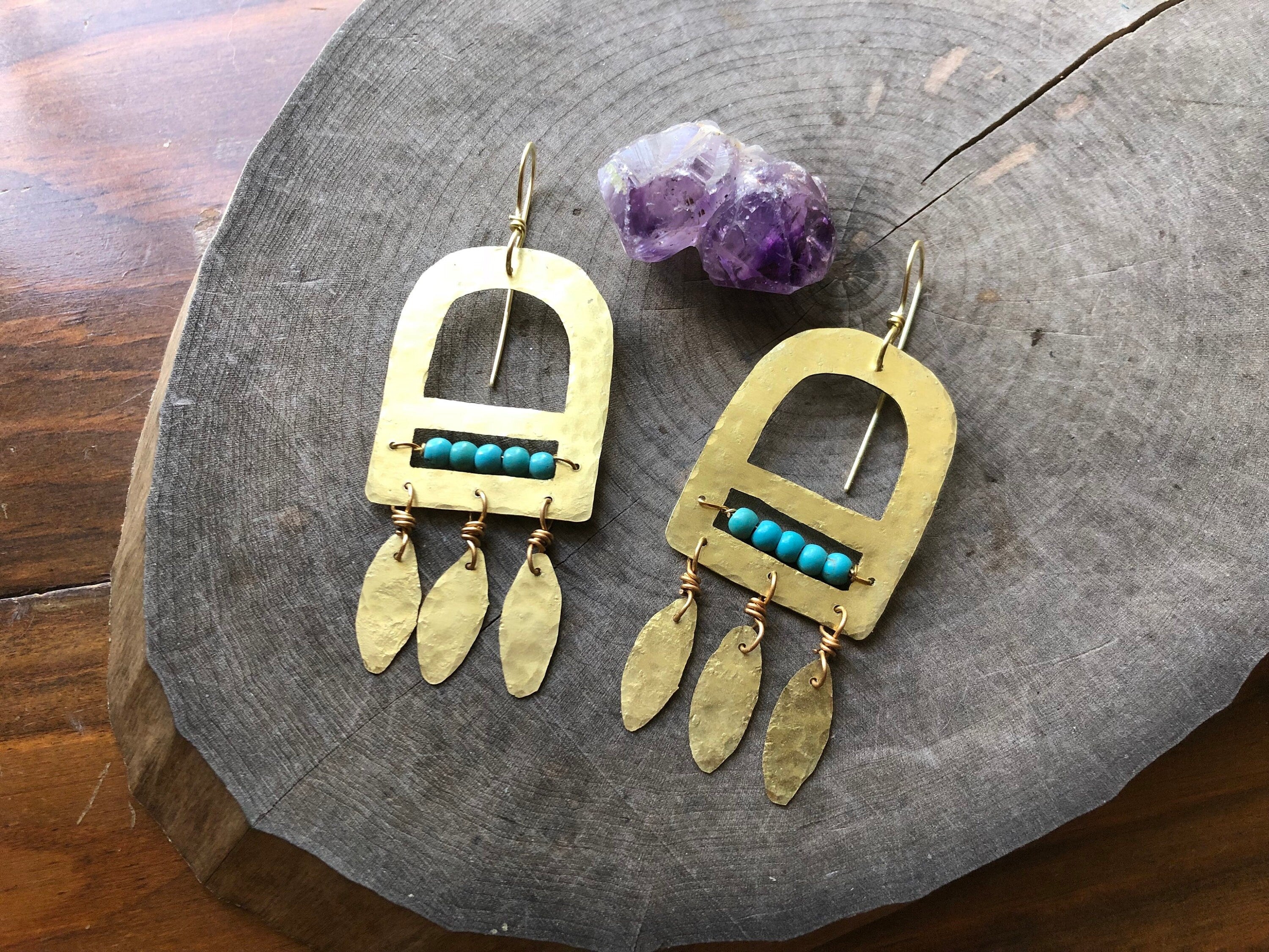 Turquoise & Brass Fringe Earrings-zoom-1
