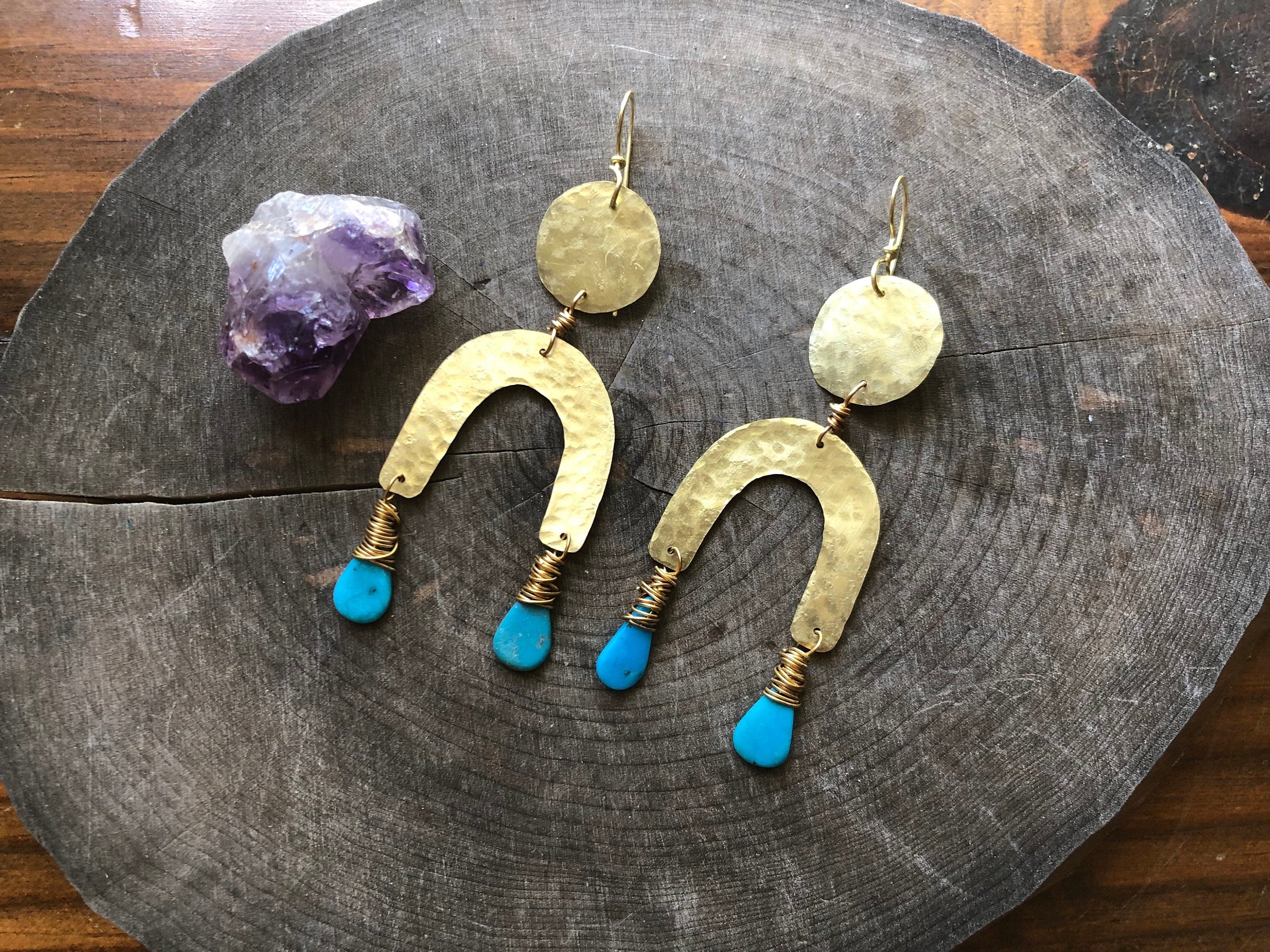 Turquoise & Brass Arc Earrings-zoom-2