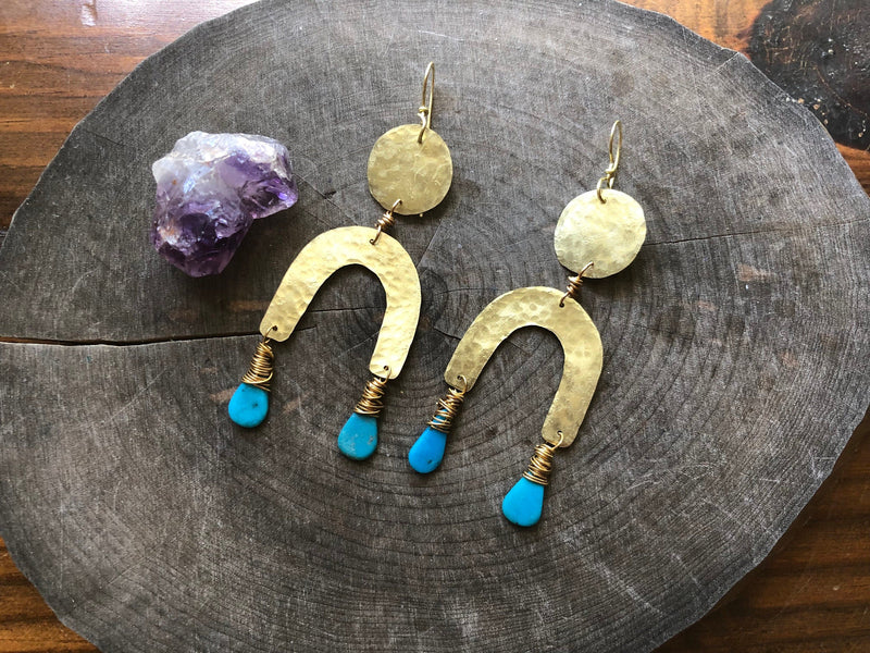 Turquoise & Brass Arc Earrings-zoom-