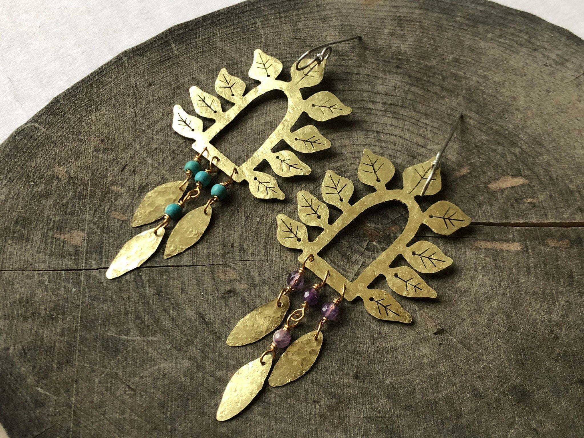 Hammered Brass Leaf Earrings | Turquoise Stone Fringe - Aware House