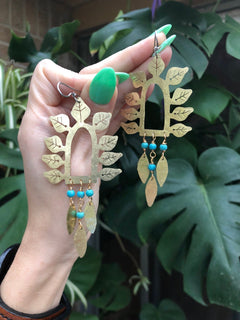 Hammered Brass Leaf Earrings | Turquoise Stone Fringe - Aware House