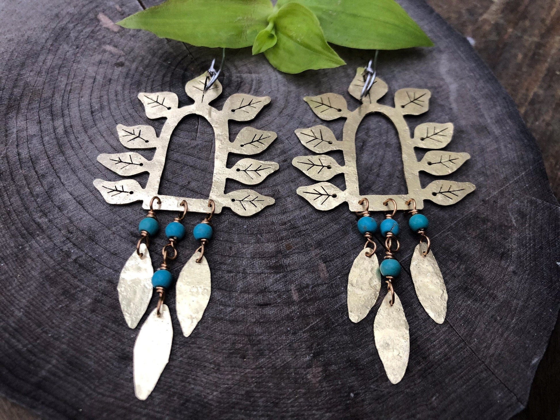 Hammered Brass Leaf Earrings | Turquoise Stone Fringe - Aware House