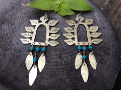 Hammered Brass Leaf Earrings | Turquoise Stone Fringe - Aware House
