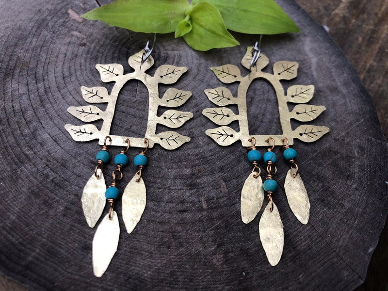 Hammered Brass Leaf Earrings | Turquoise Stone Fringe-zoom-